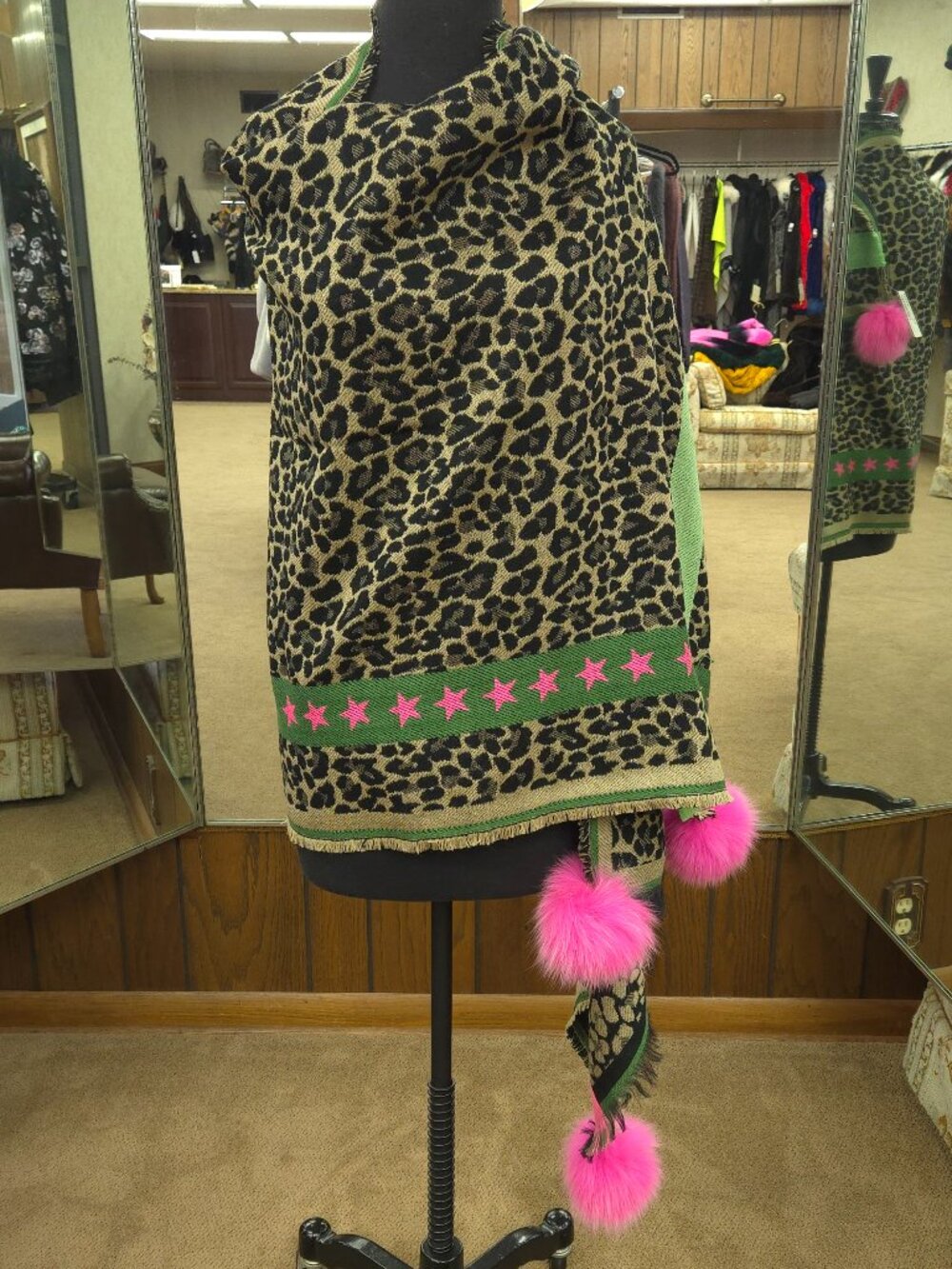 Animal Print and Stars Shawl/Wrap with Pink Fox Fur Poms